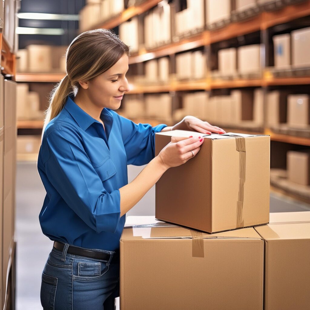 Woman in a well-lit warehouse sealing up a cardboard box