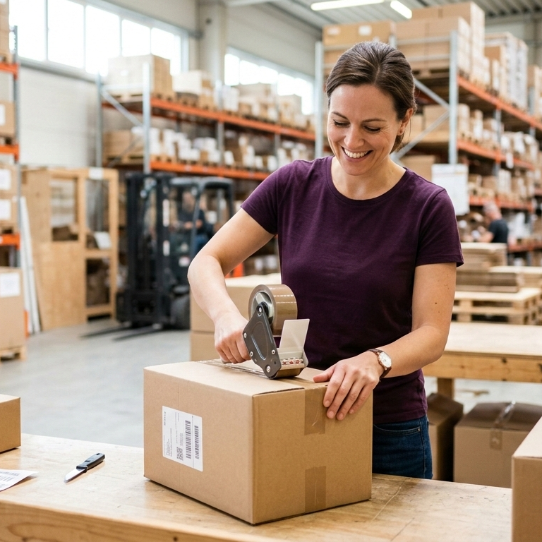 A woman working in a warehouse, she is taping a cardboard box shut.